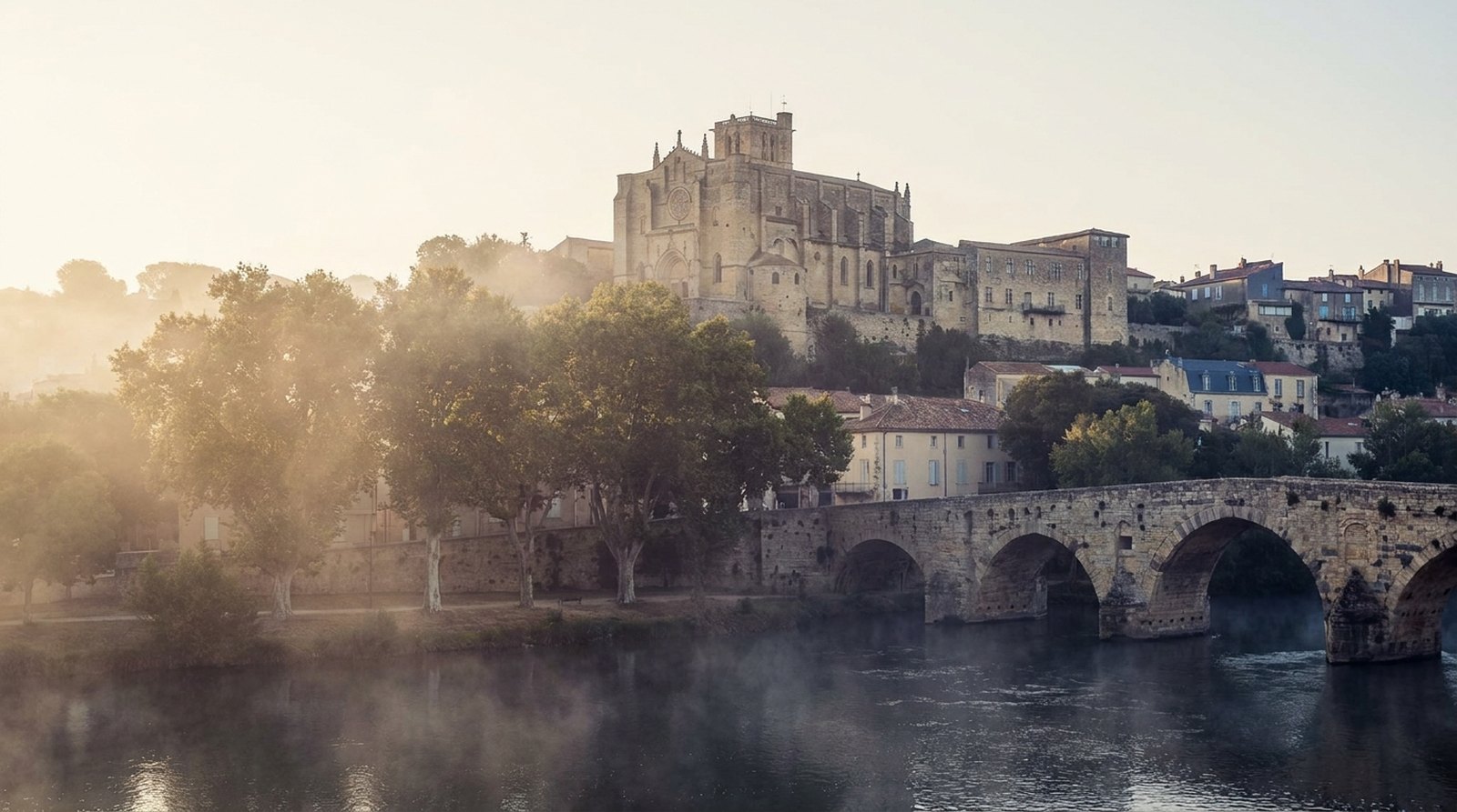 Cathédrale Saint-Nazaire et Pont Vieux de Béziers au lever du jour